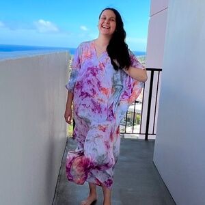 Purple Green Marble Tie Dye Kaftan Dress Boho Spring Dress Rayon Caftan
